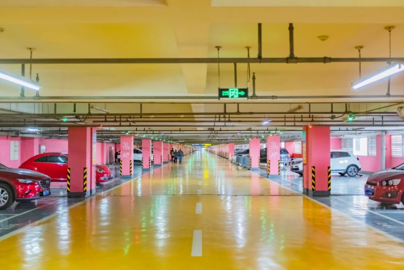 underground parking with yellow epoxy coating