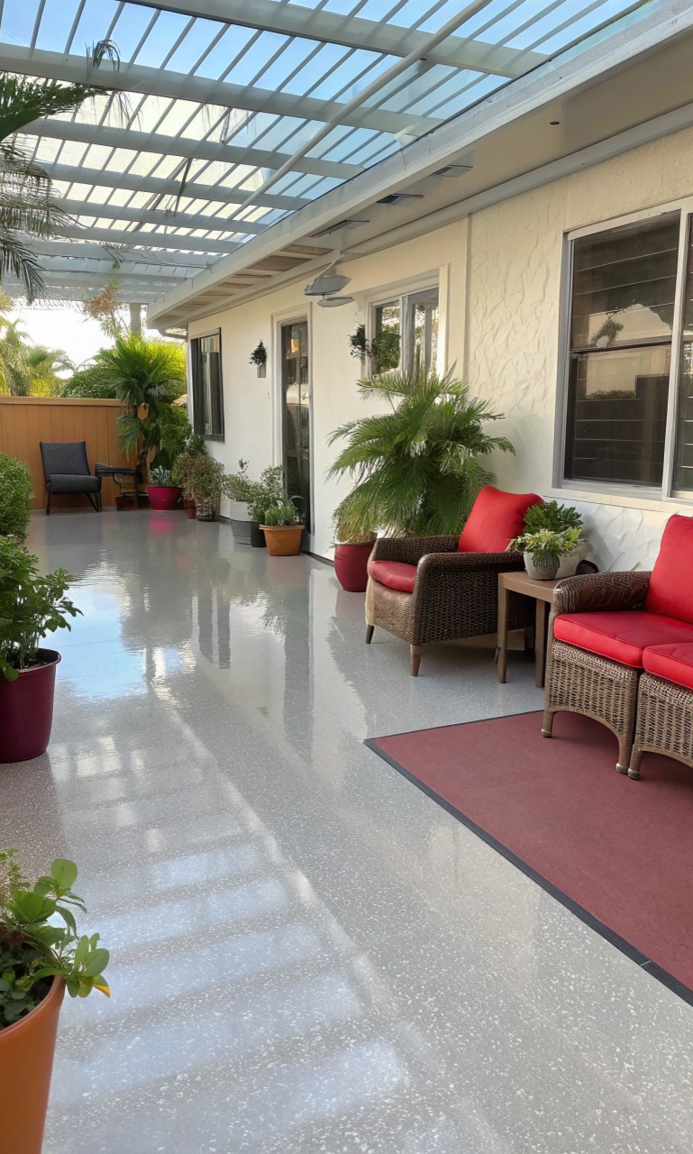 A beautifully renovated outdoor patio with glossy epoxy finish