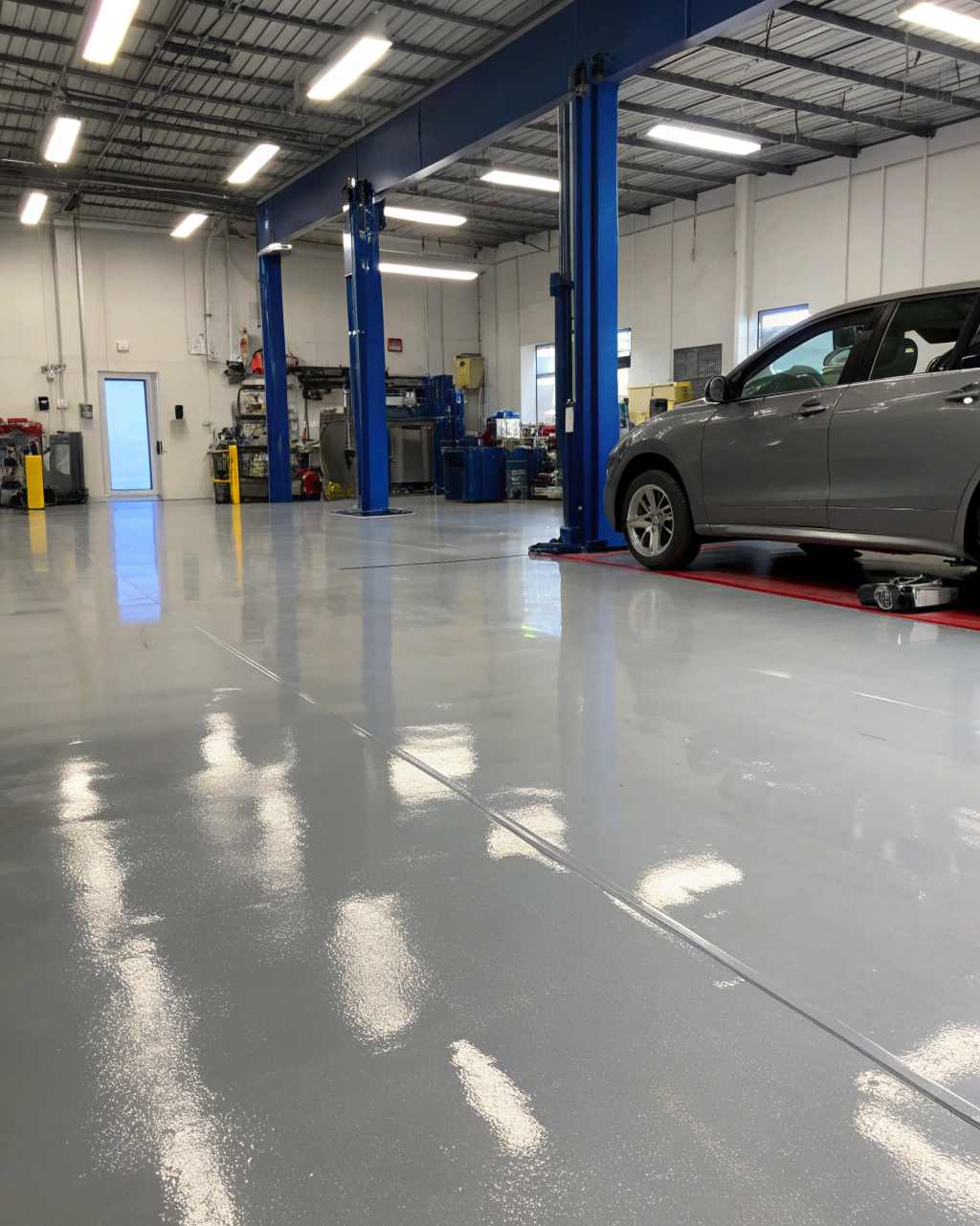 Automotive shop interior with glossy grey epoxy flooring