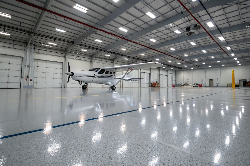 Cessna single-engine aircraft parked on a glossy grey epoxy-coated hangar floor