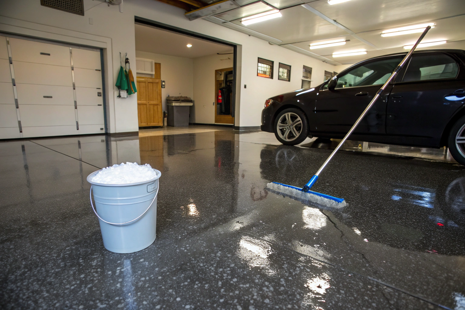 Clean, well-maintained epoxy garage floor being mopped