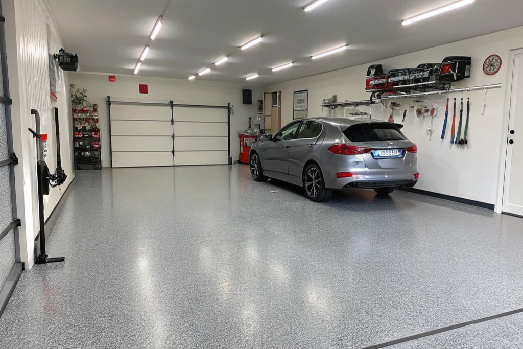 Modern garage interior with uniform grey epoxy flooring