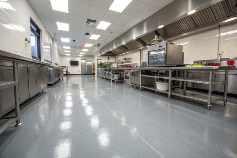 Glossy grey epoxy floor in a commercial kitchen with stainless steel prep tables