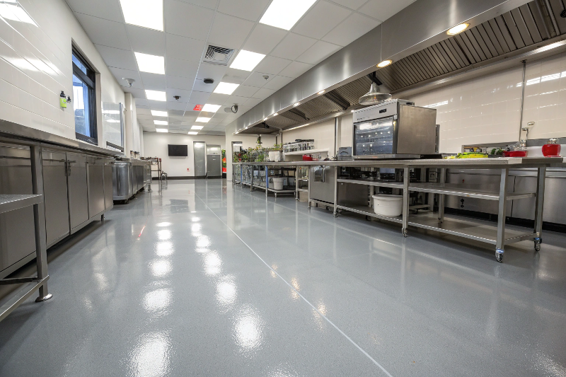Professional commercial kitchen with seamless epoxy floor coating in Ipswich Queensland