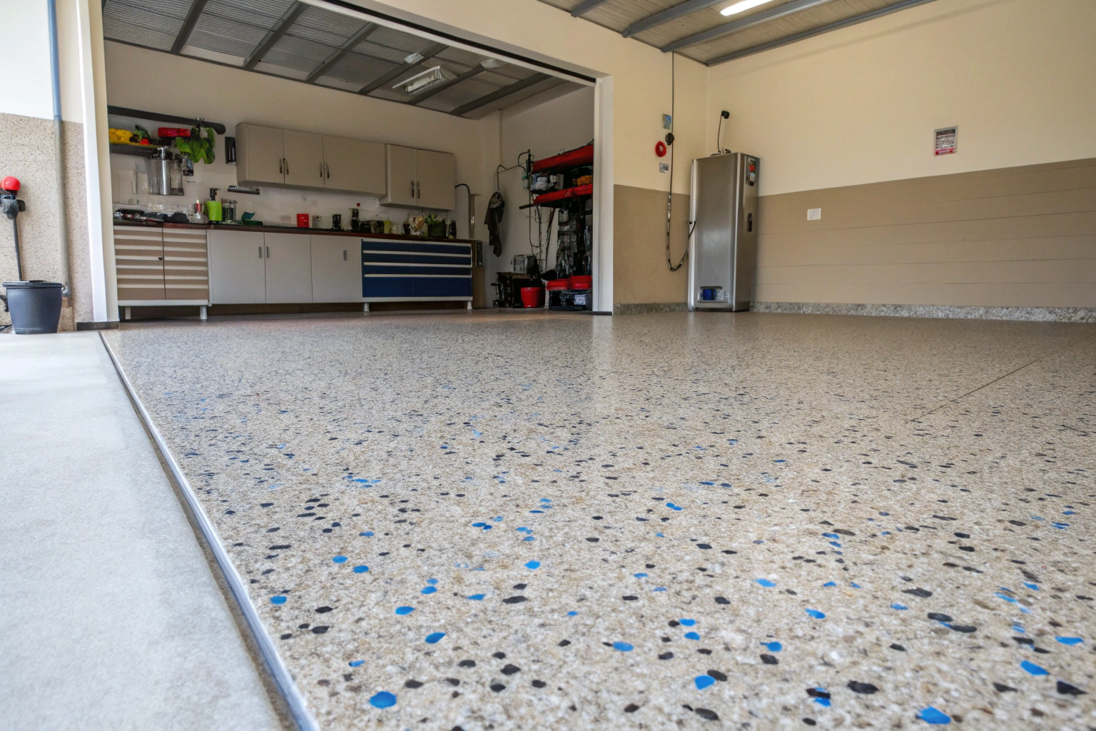 Double garage floor finished with multicoloured vinyl flake epoxy