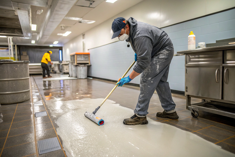 Professional contractor installing epoxy flooring in an Ipswich commercial kitchen