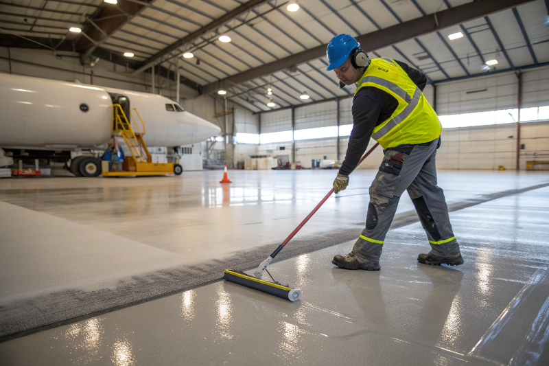 Contractor applying epoxy coating to an aircraft hangar floor with an industrial roller