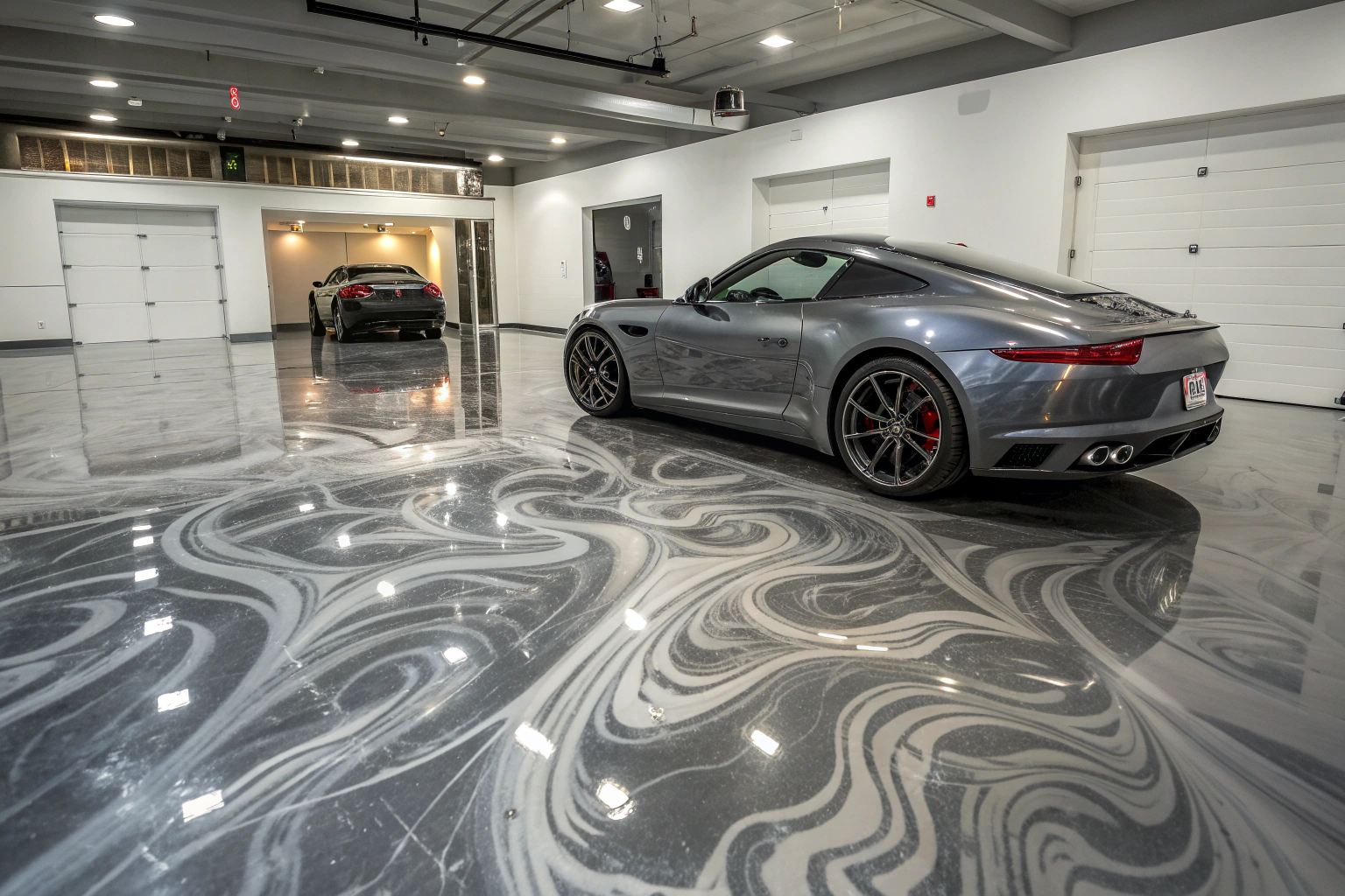 High-end garage showroom with metallic epoxy flooring