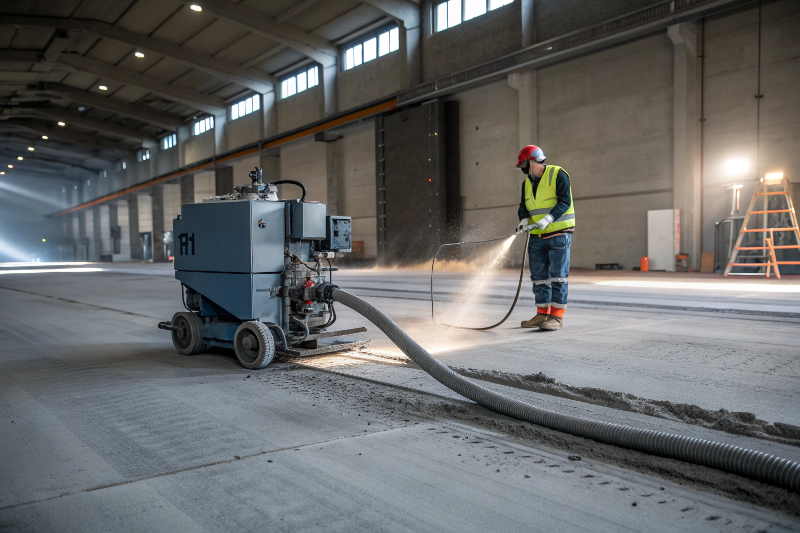 Industrial shot blasting equipment being used to prepare a concrete surface