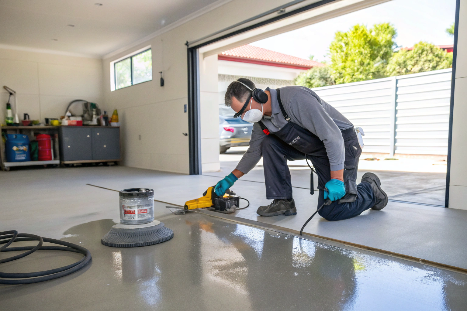 Professional installer applying epoxy coating to a garage floor in Ipswich