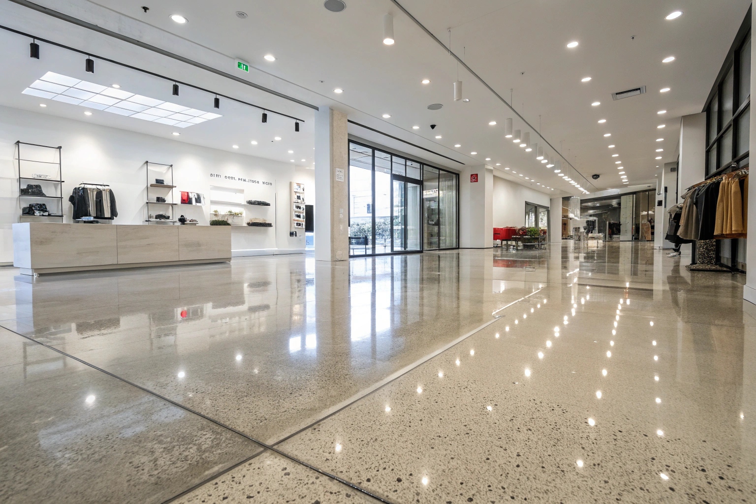 Commercial clear coat flooring in Ipswich retail space after restoration