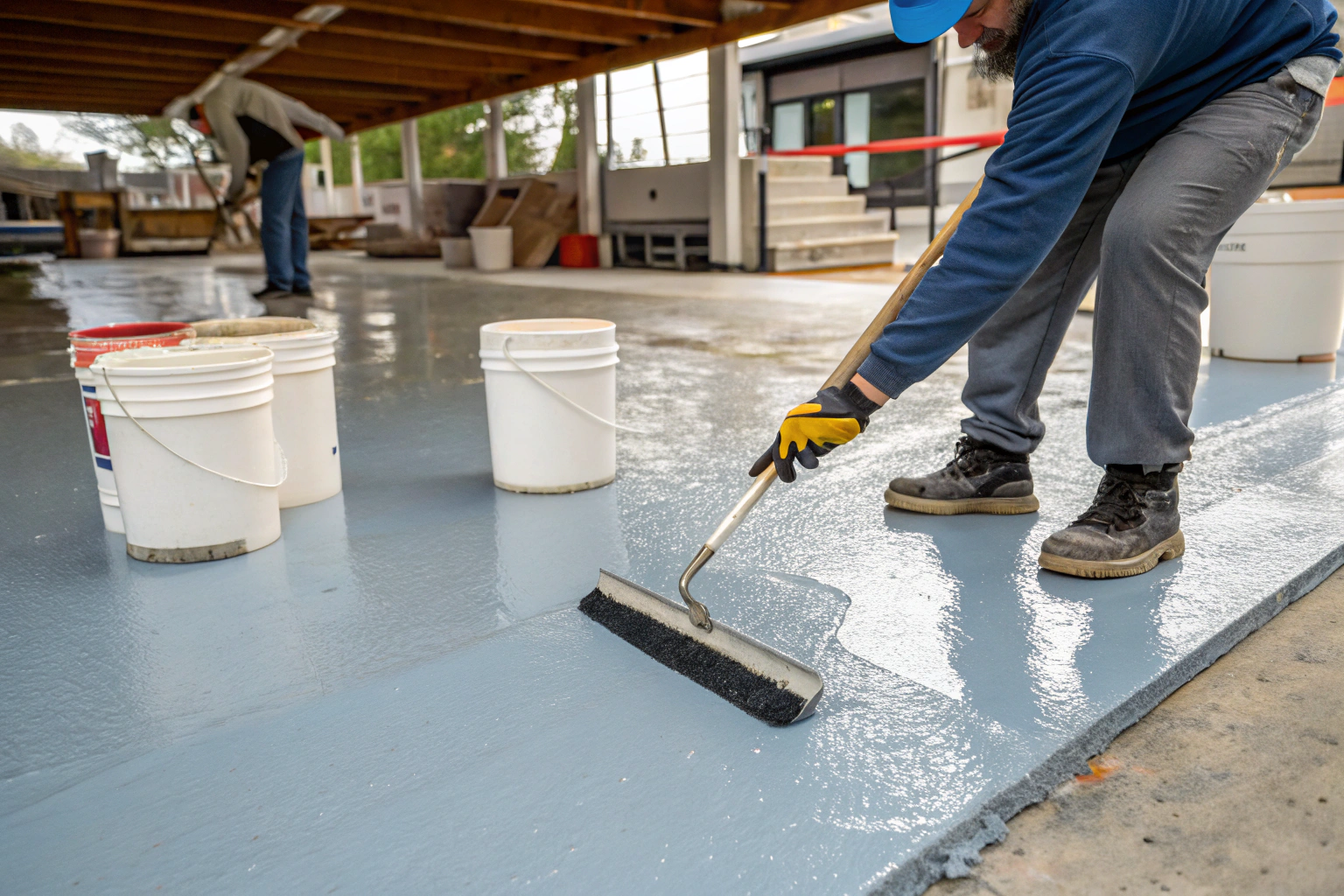 Epoxy floor recoating in progress