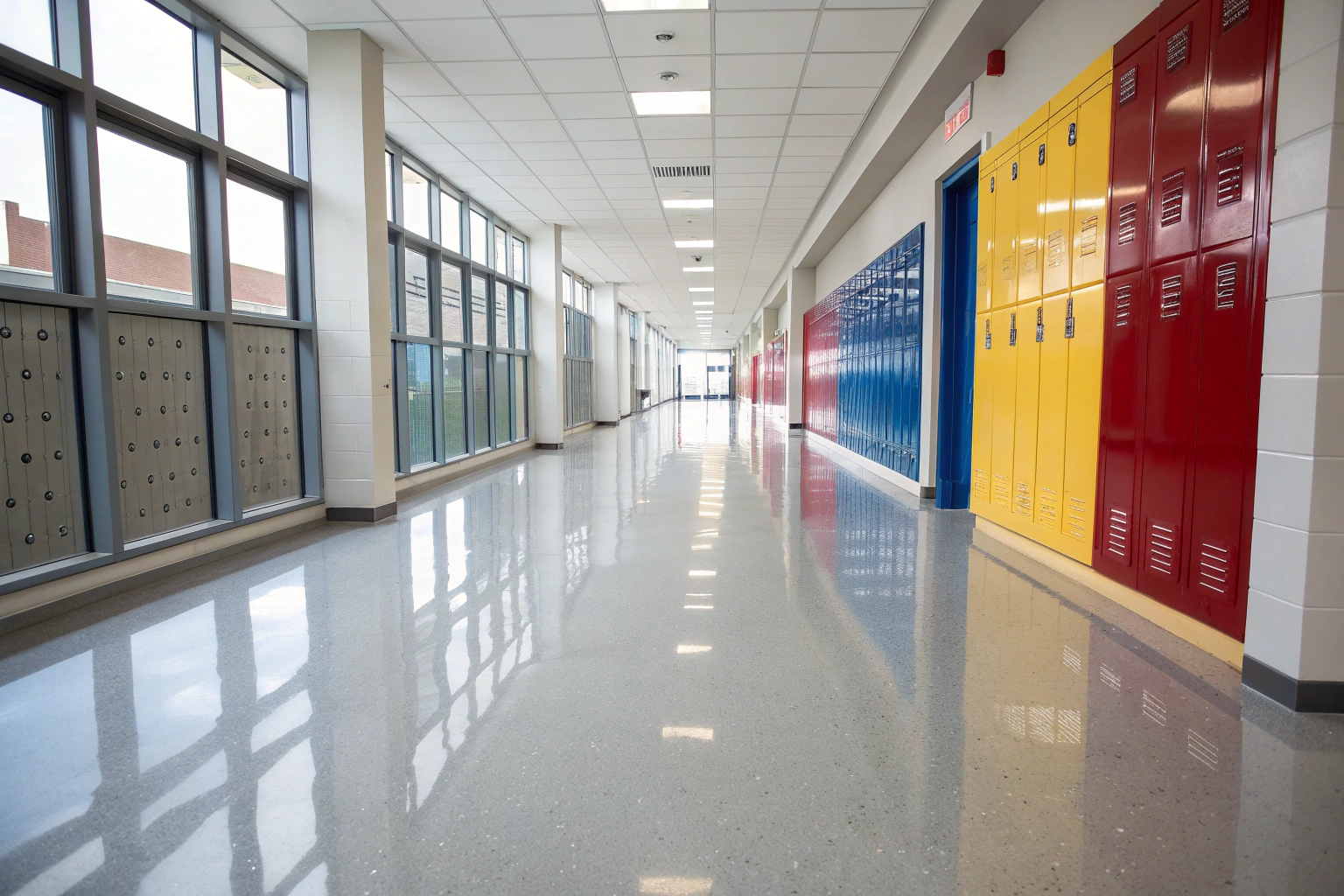 High-angle view of a glossy epoxy-coated corridor floor in a school building
