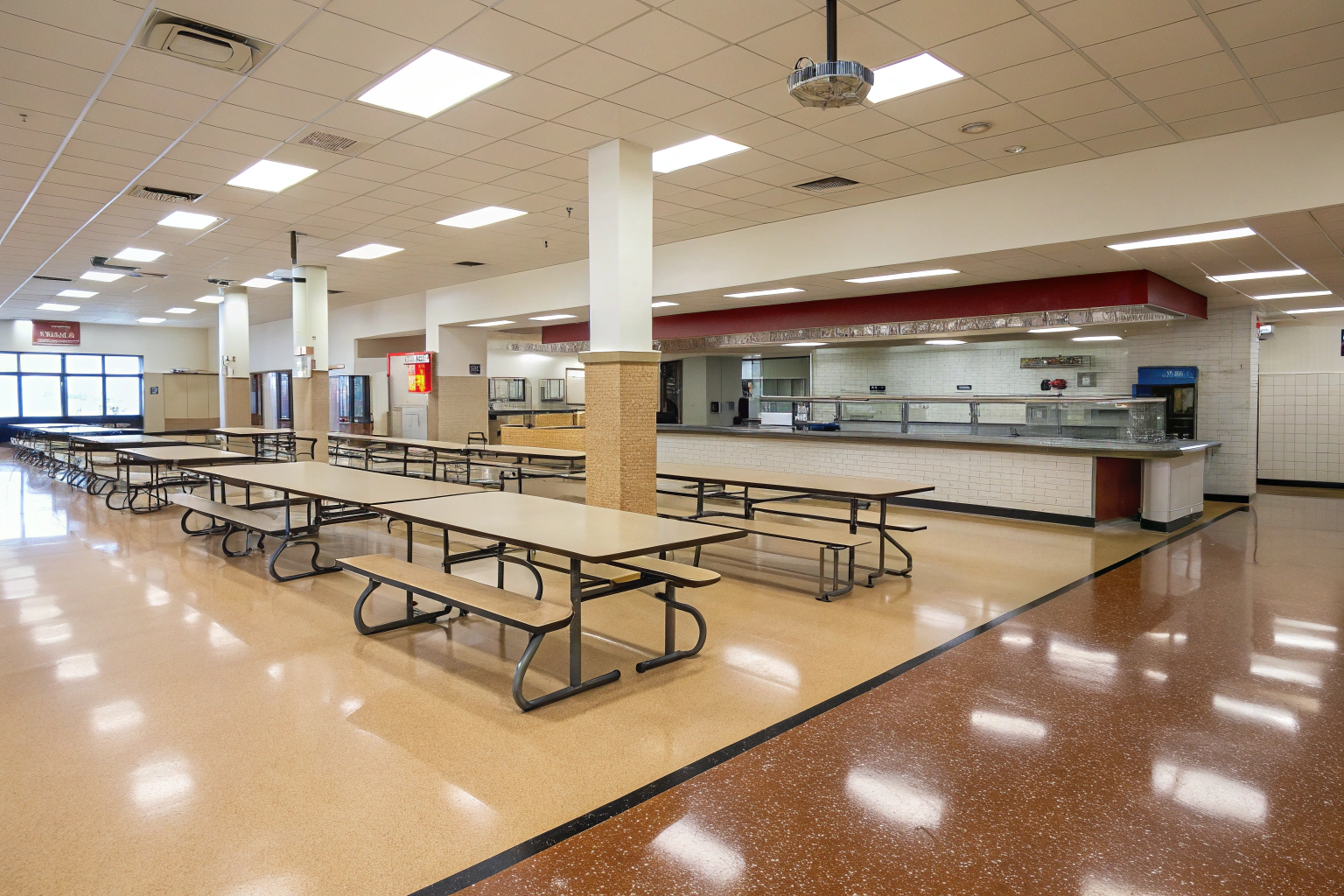 School cafeteria with tan slip-resistant epoxy flooring