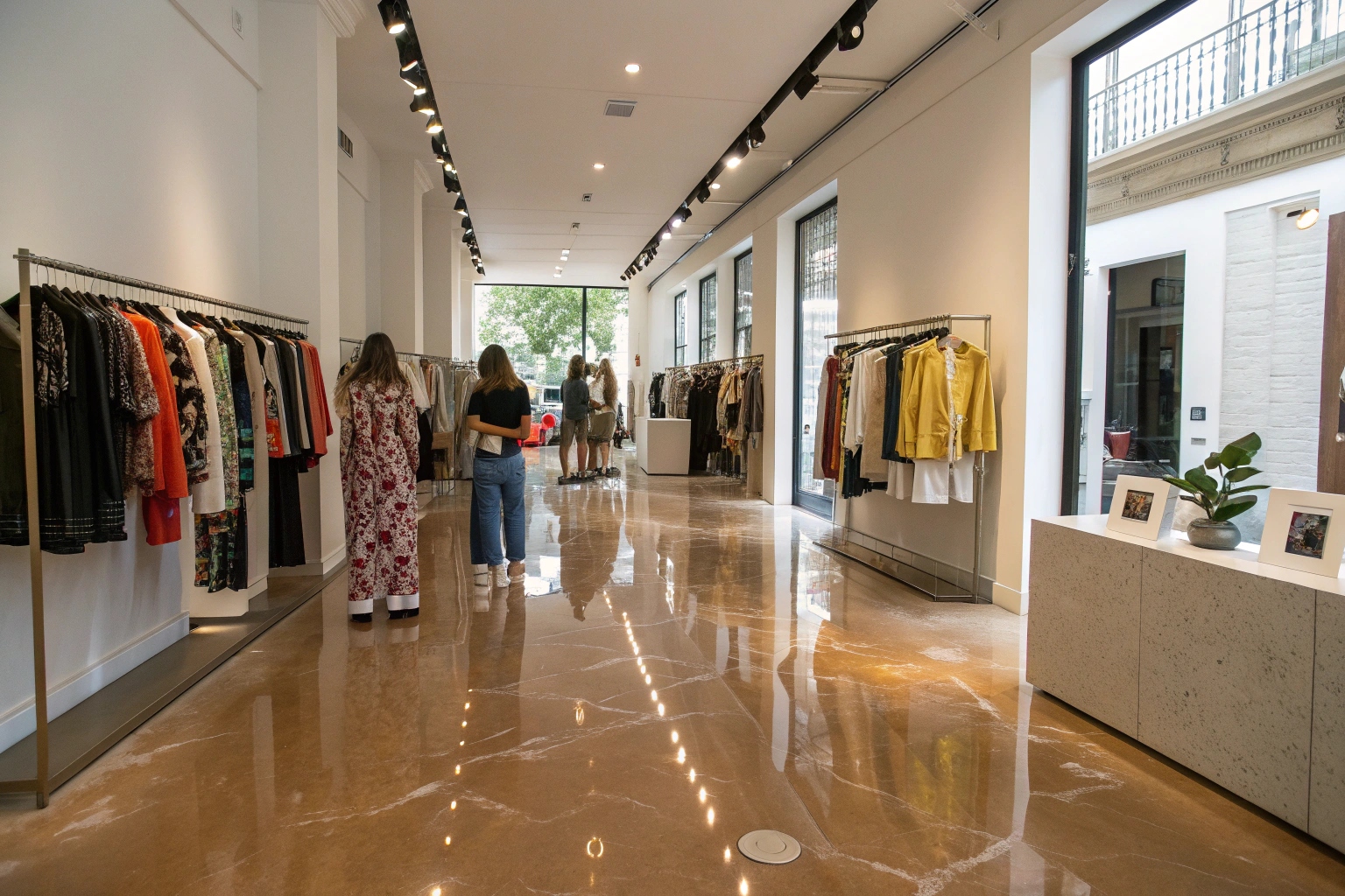 High-gloss epoxy flooring in Ipswich fashion boutique with reflective finish
